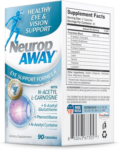 NeuropAWAY Eye Support Supplement 90CT with Lutein N-Acetyl L-Carnosine S-Acetyl Glutathione N-Acetyl Cystiene Pterostilbene Lycopene Zeaxanthin to Support Healthy Vision Helps Blurry and Dry Eyes