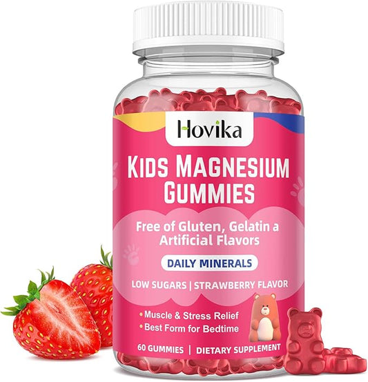 Magnesium Gummies for Kids - Magnesium Citrate + Vitamin B6 & D3 - Great Tasting Kids Magnesium Calm Gummies for Nerve Bone and Muscle Health for Kids Wellness, Vegan Strawberry Flavor 60 Count
