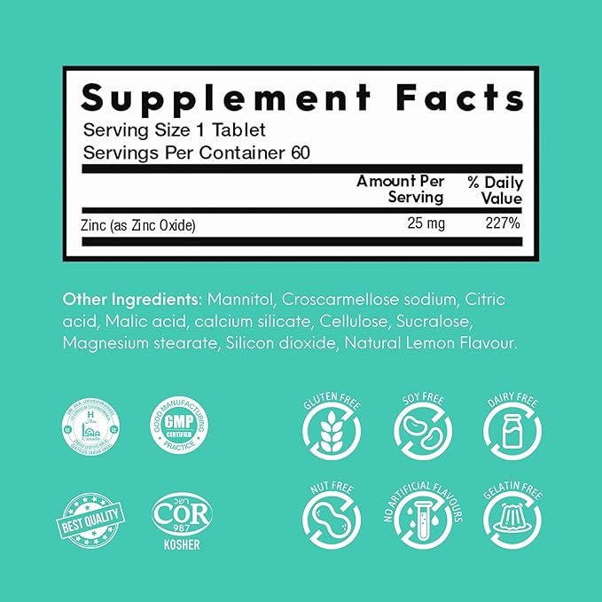 Nutrameltz Zinc 25 mg Supplement – Dietary Immune Support Supplement, Promotes Healthy Hair & Nails, Boost Metabolism Quick Dissolving – Mouthwatering Lemon Flavor (60 Tablets)