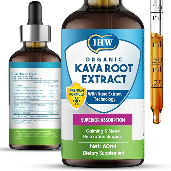 IHW-2 Fl Oz-Kava Kava Root Extract Supplement, High Concentration Kava Extract Drops for Mood Support, Relaxation and Natural Sleep, Vegan Non GMO
