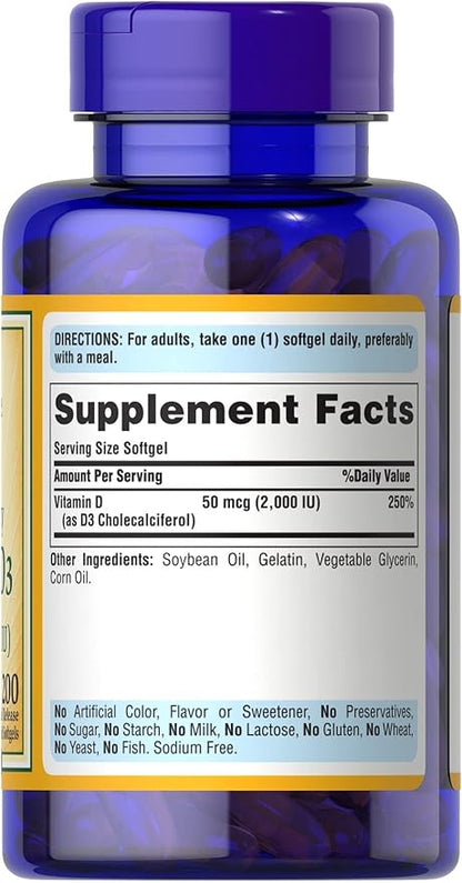 Puritan's Pride Vitamin D3 50mcg (2,000 IU) Bolsters Immune Health for Support of Immune Health and Healthy Bones and Teeth 200 Softgels (Pack of 2)