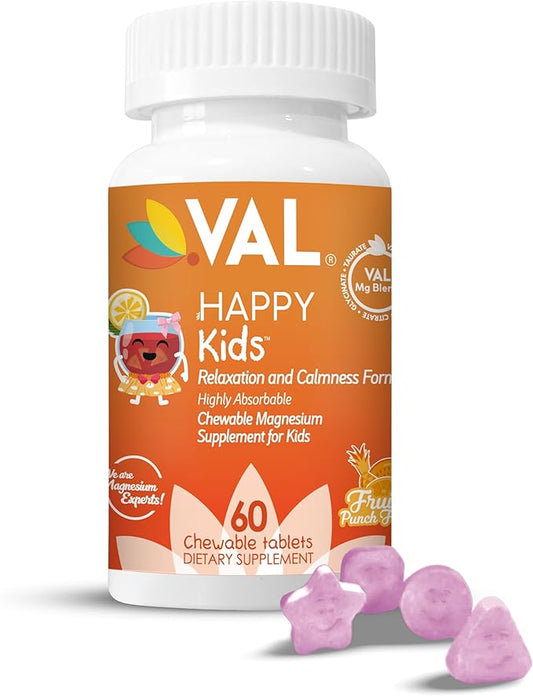 VAL Magnesium for Kids | High-Absorption Magnesium for Calm, Relaxation & Focus | Mg Glycinate, Citrate & Taurate | with Vitamin B6, D & C | Sugar-Free, Non-GMO | 60 Chewable Tablets