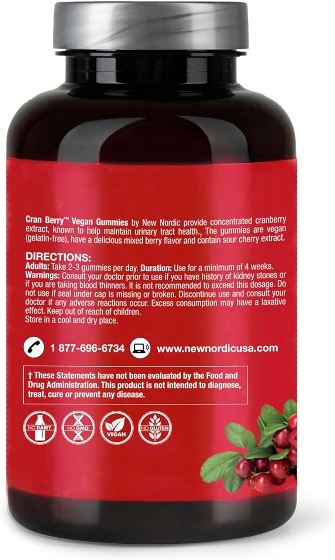 NEW NORDIC Cranberry Supplement Gummies for Women, Normal Urinary Tract & Bladder Support, Balance with Cran Berry & Sour Cherry, 60 Count