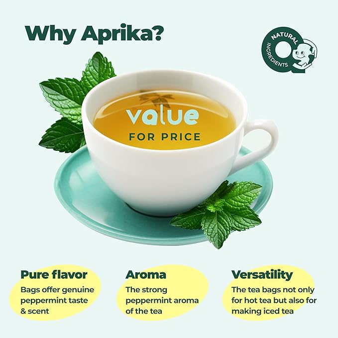 100% Pure Peppermint Tea - Only Mint Leaves without Stems, Peppermint Tea Bags, Caffeine-Free Tea Bags, 60 count, by Aprika Life
