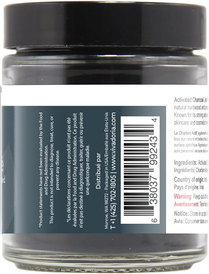 Viva Doria Activated Charcoal Powder, Hardwood Derived, Food Grade, 1.2 Oz Glass Jar