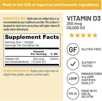 NatureWise Vitamin D3 10,000IU (250 mcg) 90-Day Supply - High Potency for Healthy Immune Support & Muscle Function, Non-GMO, Gluten-Free in Organic Extra Virgin Olive Oil, (Mini Softgel), 90 Count