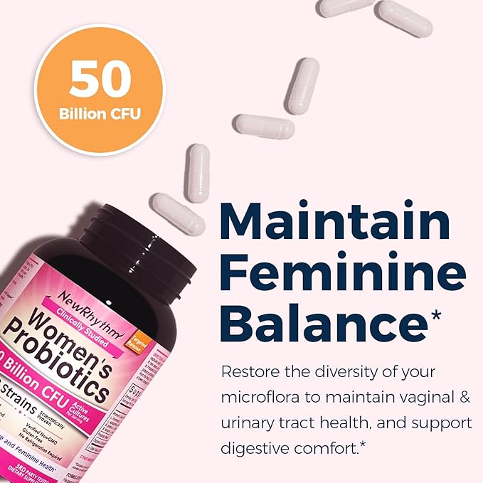 NewRhythm Women's Probiotics, Organic Cranberry for Women's Vaginal Health, 50 Billion CFU 18 Strains, Probiotics and Prebiotics, Support Digestive Health, 60 Vegan Capsules