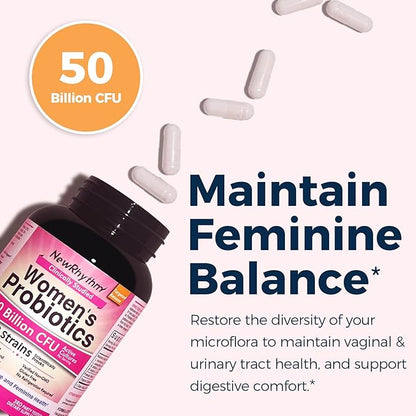 NewRhythm Women's Probiotics, Organic Cranberry for Women's Vaginal Health, 50 Billion CFU 18 Strains, Probiotics and Prebiotics, Support Digestive Health, 60 Vegan Capsules