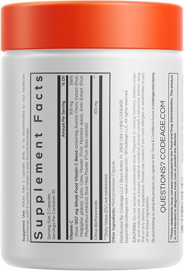 Codeage Whole Food Vitamin C Supplement - Acerola Cherry, Camu Camu, Amla Berry & Rose HIPS Blend - Citrus Bioflavonoids - Instantfood Energy Vitamins - 500mg Vitamin C Pills - Non-GMO - 60 Capsules