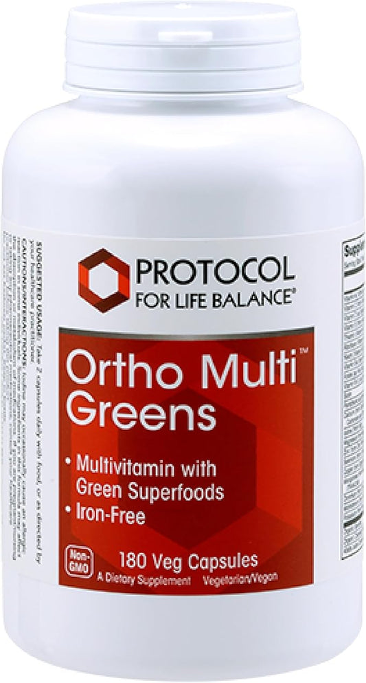 PROTOCOL FOR LIFE BALANCE Ortho Multi Greens - Multivitamin with Green Superfoods - with Vitamins C, B6, B12 & More - with Spirulina, Chlorella & Alfalfa - Iron Free - Non-GMO - 180 Veg Caps