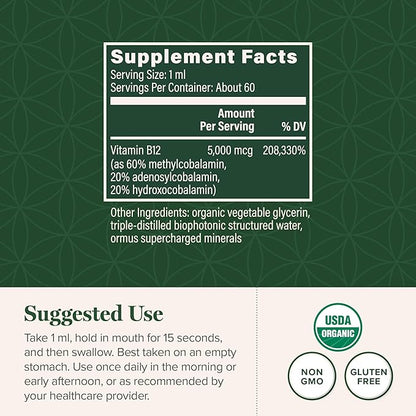 Global Healing - Organic Vitamin B12 5000 MCG Sublingual Liquid - Methylcobalamin, Hydroxo Blend & More - Methylated Drops for Adults - Vegan, Non-GMO, VIT B12, Vitamins Supplement (2 Oz)