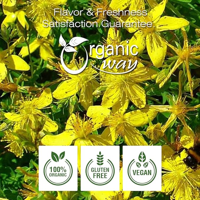 Organic Way St. John's Wort Whole (Hypericum perforatum) - Herbal Tea | European Wild-Harvest | Organic, Kosher & USDA Certified | Vegan, Non GMO & Gluten Free | Origin - Albania (1/2LBS / 8Oz)
