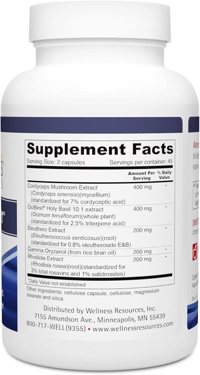 Wellness Resources Adrenal Helper - Adaptogen Supplement for Stress Tolerance, Mood, Energy with Cordyceps Mushroom, Rhodiola, OciBest Holy Basil, Eleuthero, and Gamma Oryzanol (90 Capsules)