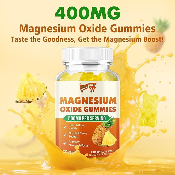 Magnesium Oxide 500mg Gummies for Adults & Kids, Supports Nerve Muscle & Bone Health, Vegan Non-GMO Dietary Supplement with Pineapple Flavor, 60 Gummies