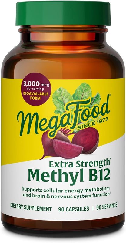 MegaFood Extra Strength Methyl B12 Vitamins, Bioavailable Vitamin B12 3000mcg Per Serving, Supports Energy Metabolism & Nervous System Health, Beet Root, Vegan, Gluten Free, 90 Capsules, 90 Servings