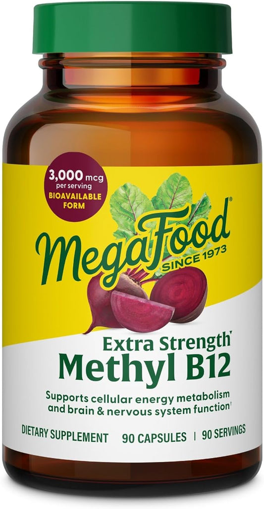 MegaFood Extra Strength Methyl B12 Vitamins, Bioavailable Vitamin B12 3000mcg Per Serving, Supports Energy Metabolism & Nervous System Health, Beet Root, Vegan, Gluten Free, 90 Capsules, 90 Servings