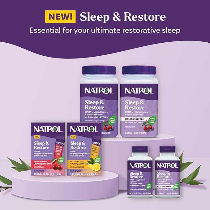Natrol Sleep + Restore Magnesium Glycinate Gummies with Melatonin 5mg - Calm Magnesium with GABA, Botanical Blend, Cherry Flavor, 60 Gummies