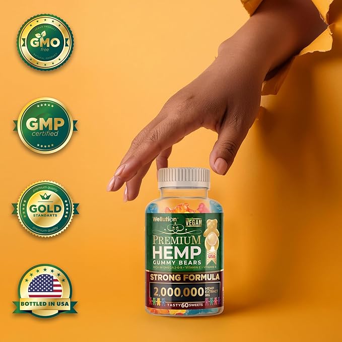 WELLUTION Hemp Gummies XXL 2,000,000 MCG - Vegan Gummy Bears with Natural Hemp Oil, Omega 3-6-9, Vitamins A & D - 60ct
