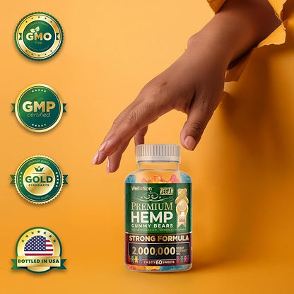 WELLUTION Hemp Gummies XXL 2,000,000 MCG - Vegan Gummy Bears with Natural Hemp Oil, Omega 3-6-9, Vitamins A & D - 60ct