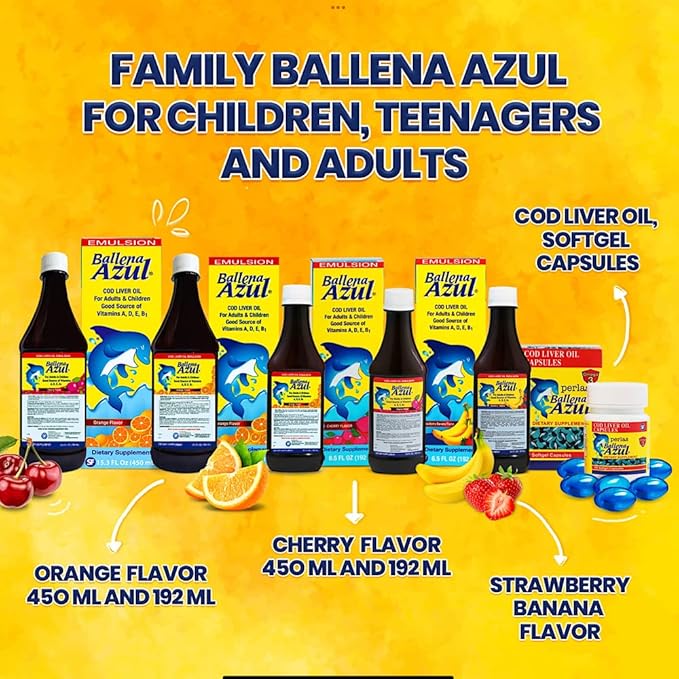Ballena Azul Aceite de Hígado de Bacalao para Adultos y Niños, COD Liver Oil for Adults and Children,Vitamins A,D,E, B1, Dietary Supplement, Omega 3, Inmune System Boost, Cherry (Cherry 15 OZ)