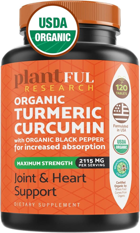 Organic Turmeric Supplement with Black Pepper Highest Potency USDA Certified [Non-GMO Organic Curcumin 2115mg] Antioxidant Joint & Immune Support 120 Tablets