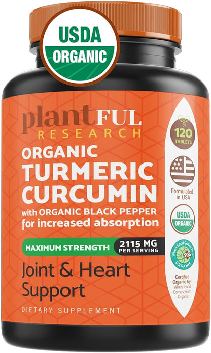 Organic Turmeric Supplement with Black Pepper Highest Potency USDA Certified [Non-GMO Organic Curcumin 2115mg] Antioxidant Joint & Immune Support 120 Tablets