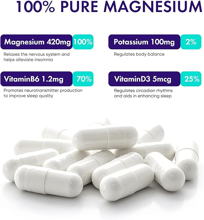 420 Mg Magnesium Bisglycinate L-Threonate Amino Acid Chelated Supplement with Vitamin and Potassium High Absorption Formula for Muscle Relaxation Bone & Joint Support Magnesium Complex Capsules(60)