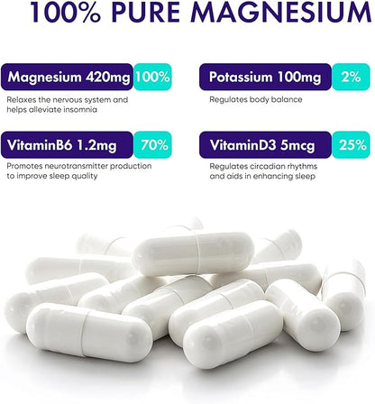 420 Mg Magnesium Bisglycinate L-Threonate Amino Acid Chelated Supplement with Vitamin and Potassium High Absorption Formula for Muscle Relaxation Bone & Joint Support Magnesium Complex Capsules(60)