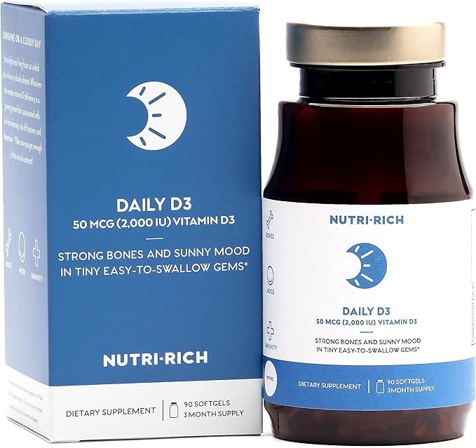 Nutri-Rich Daily Vitamin D3 2,000 IU (50 mcg) Dietary Supplement for Bone, Immune Health Support, Healthy Teeth, Healthy Muscle Function, Gluten Free, Soy Free, Vitamin D 90 Softgels