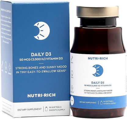 Nutri-Rich Daily Vitamin D3 2,000 IU (50 mcg) Dietary Supplement for Bone, Immune Health Support, Healthy Teeth, Healthy Muscle Function, Gluten Free, Soy Free, Vitamin D 90 Softgels