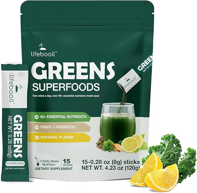 Greens Superfood Powder Packets, 0 Sugar, 40+ Superfoods Drink Mix, Fiber, Prebiotics, Red Ginseng & Saffron, Daily Live It Up Super Greens Powder, Immune Support & Energy, Unflavoured, 15 Packets