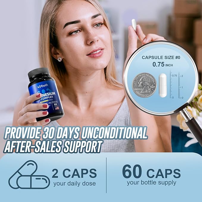 Glycinate Supplement, Magnesium 7 Complex Advanced with Citrate Malate Chelate Taurate Orotate Aspartate, Capsules with Zinc, Vitamin D3 & B6 for Sleep, Muscle Relief, 60 Capsules