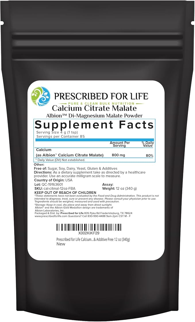 Prescribed for Life Calcium Citrate Malate, Pure Vegan Calcium Powder for Bone Health & Cardiovascular Support, Easy Absorption Formula, Non GMO, Filler & Additive Free (12oz / 340g)