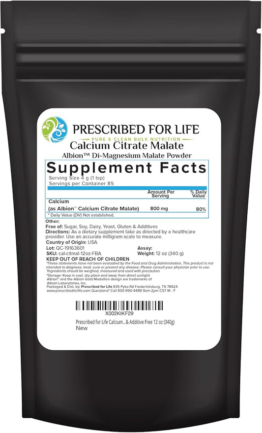 Prescribed for Life Calcium Citrate Malate, Pure Vegan Calcium Powder for Bone Health & Cardiovascular Support, Easy Absorption Formula, Non GMO, Filler & Additive Free (12oz / 340g)