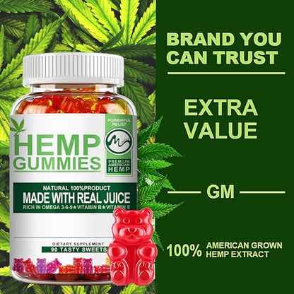 (2 Pack) Hemp Gummies - 90PCS Stress Relief Fruity Gummy Bear with Hemp Oil, Natural Hemp Supplements