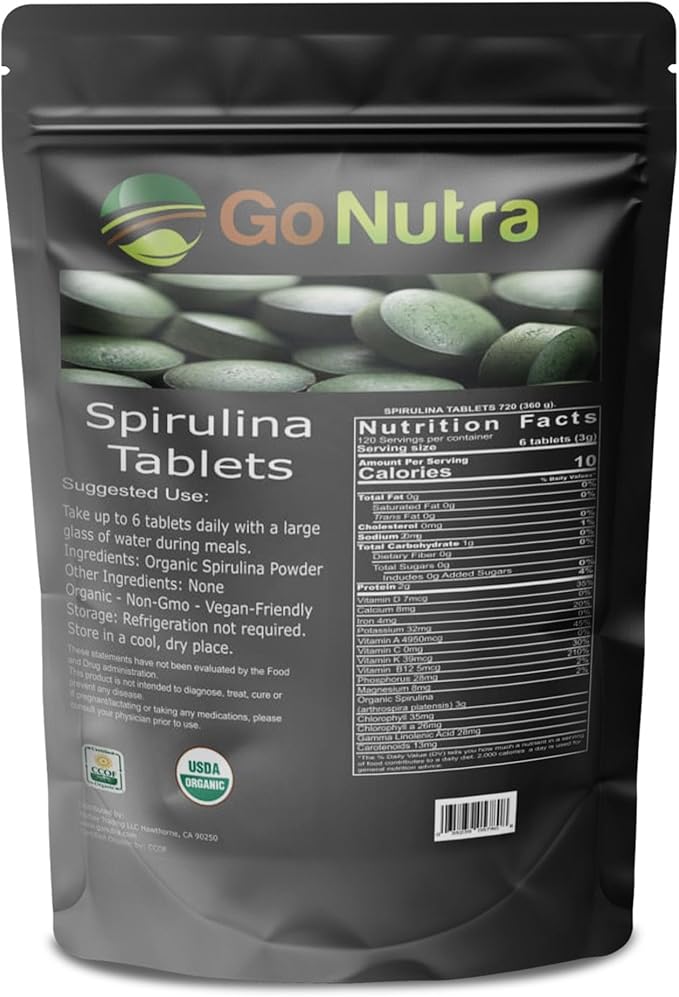 Go Nutra - Spirulina Tablets, Organic Spirulina, Packed with Vitamins, Minerals, Fibers, Amino Acids, and More, All-Natural Spirulina Supplement, Non-GMO, Vegan, 500 mg, 720 Tablets