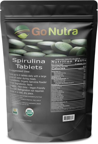 Go Nutra - Spirulina Tablets, Organic Spirulina, Packed with Vitamins, Minerals, Fibers, Amino Acids, and More, All-Natural Spirulina Supplement, Non-GMO, Vegan, 500 mg, 720 Tablets