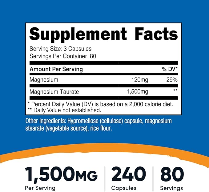 Nutricost Magnesium Taurate 1,500mg; 240 Capsules - Gluten Free, Non-GMO, Vegan, 80 Servings