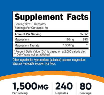 Nutricost Magnesium Taurate 1,500mg; 240 Capsules - Gluten Free, Non-GMO, Vegan, 80 Servings