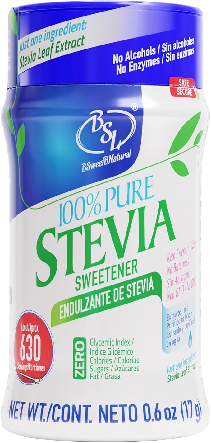 BSL 100% Pure Stevia Extract Powder Without Erythritol 0.6 Oz, No Artificial Sweetener, 620 Servings | Stevia No Erythritol | Zero Calorie & Keto Friendly, Pure Stevia Powder