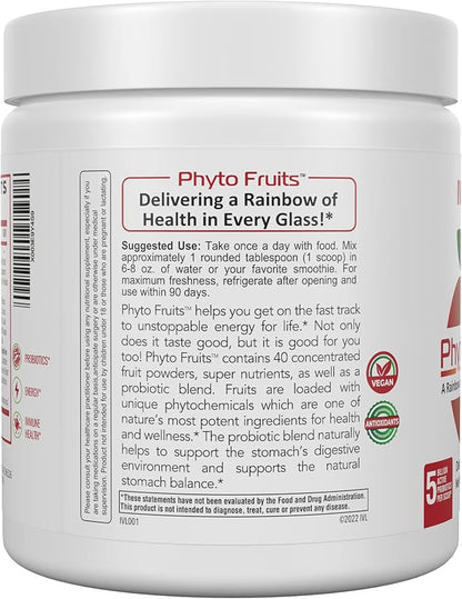 IVL - Phyto Fruits Superfood Powder - Support Energy - Digestive & Probiotic - Antioxidant - Vegan - 40 Fruits and Nutrients Plus 6 Probiotic Strains (30 Servings, 8.88 oz)