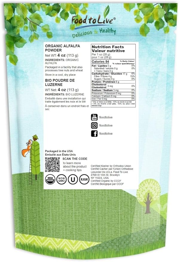 Food to Live Organic Alfalfa Powder, 4 Ounces – Non-GMO, Made from Raw Dried Whole Young Leaves, Vegan, Bulk, Great for Baking, Juices, Smoothies, Tea & Drinks. Good Source of Dietary Fiber & Protein