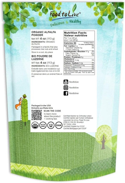 Food to Live Organic Alfalfa Powder, 4 Ounces – Non-GMO, Made from Raw Dried Whole Young Leaves, Vegan, Bulk, Great for Baking, Juices, Smoothies, Tea & Drinks. Good Source of Dietary Fiber & Protein