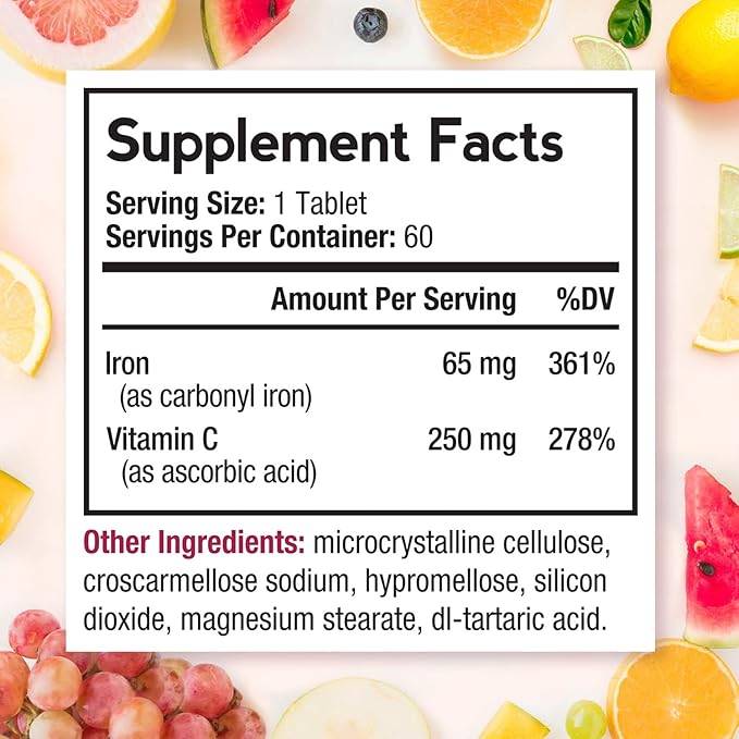 Doctor's Recipes Iron Supplement 65 mg with Vitamin C - Maximized Absorption & Stomach Friendly Iron Pills for Red Blood Cells Formation, Heart, Brain & Immunity Health - Vegan 120 Tabs (Pack of 2)