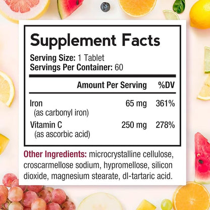 Doctor's Recipes Iron Supplement 65 mg with Vitamin C - Maximized Absorption & Stomach Friendly Iron Pills for Red Blood Cells Formation, Heart, Brain & Immunity Health - Vegan 120 Tabs (Pack of 2)