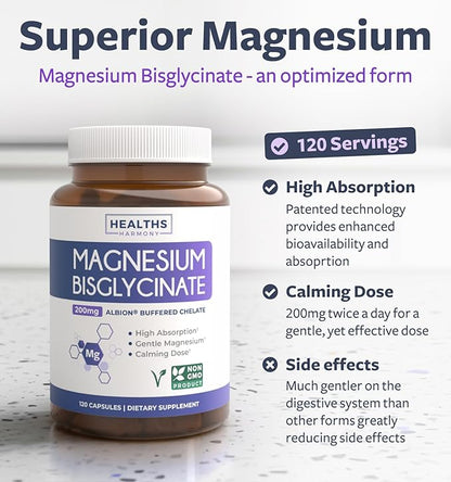 High Absorption Magnesium Bisglycinate Capsules - Clinically Validated Buffered and Chelated Magnesium Supplement - 1 Daily Vegan Capsule with Lab Verified Gentle Magnesium 200mg (4 Month Supply)