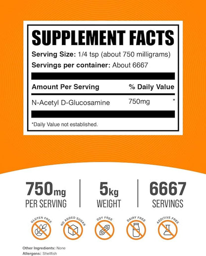BulkSupplements.com N-Acetyl Glucosamine Powder - NAG Powder, Glucosamine 750mg, Glucosamine Supplement - Glucosamine Powder, Gluten Free, 750mg of per Serving, 5kg (11 lbs) (Pack of 5)