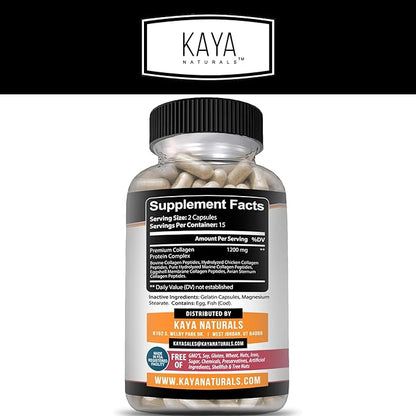 Kaya Naturals Multi Collagen Peptides Complex Powder for Women and Man, Vital for Hair, Skin, Nails, and Anti-Aging, Types I, II, III, V & X Collagen Protein Blend | Capsules - 30 Count Supplement