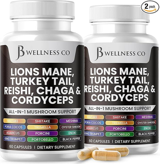 Lions Mane Supplement Cognitive Support, Immune Health with Turkey Tail 20in1 Mushroom Reishi Cordyceps Chaga with Marshmallow Root - 120 Count