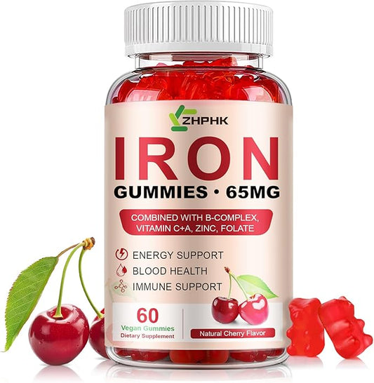 Iron Supplement for Women, Men & Kids, Iron 65mg & Vitamin C 250mg per Serving with B6 B12 Folate- Energy Support for Iron Deficiency, Anemia, Vegan Gummy Cherry Flavor, 60 Count